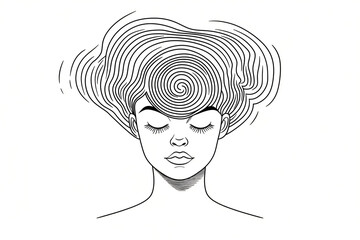 Simple line art of a woman with spirals around her head indicating migraine, minimalism, primitive illustration style.