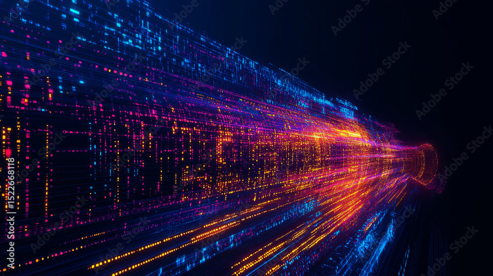 Aufkleber abstract data flow with binary code and colorful glow on a dark blue background, an ai technology co
