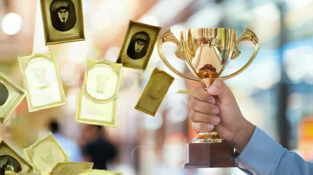 An individual stands proudly with a trophy in their hand, surrounded by a lively crowd celebrating a significant accomplishment