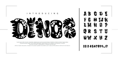 Font Dinos Dinosaur alphabet vector set with cute hand drawn letters and numbers in black white colors with texture dino effects. Comic fun kid typography design in flat cartoon style.  © Ook