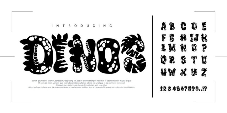 Font Dinos Dinosaur alphabet vector set with cute hand drawn letters and numbers in black white colors with texture dino effects. Comic fun kid typography design in flat cartoon style. 