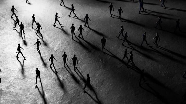Miniature figurines walking on pristine white surface, casting elongated shadows, creating mysterious dystopian atmosphere suggesting social isolation and urban loneliness