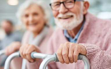 Elderly man and woman using walker in rehabilitation center smiling happily during retirement home stay with supportive care and comfort