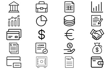 Business & Finance icons vector set. Briefcase, chart, dollar, calculator, wallet, bank, invoice, growth, and money symbols pack