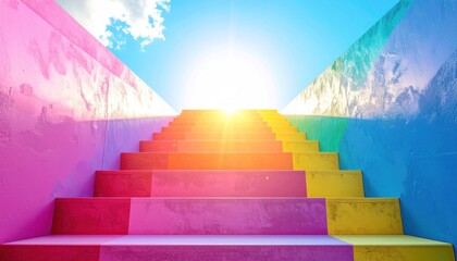 Rainbow steps leading to the sky with bright sunlight