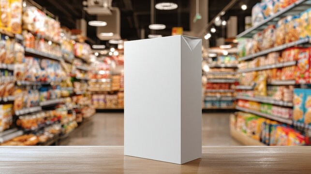 Ultra quality image of white blank cereal box mockup in a grocery aisle, emphasizing real-world context for product branding displays.