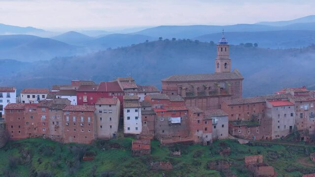 Aerial view from a drone of the village of Moros in the Manubles river in the Community of Calatayud. Province of Zaragoza, Aragon, Spain, Europe