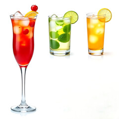 Hyper-realistic transparent PNGs of iconic cocktails ,Cuba Libre, Long Island Iced Tea, Paloma, Tequila Sunrise, and Screwdriver. Include crystal-clear glasses, vibrant colors, fresh on white .