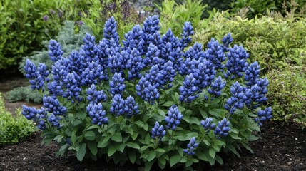 Indigo Plant. Blue Wild False Indigo in the Garden on a Cloudy Day