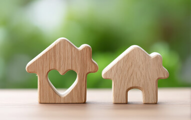 Wooden house model with heart shape and plain wooden house on table symbolizing rehabilitation and retirement home comfort and care
