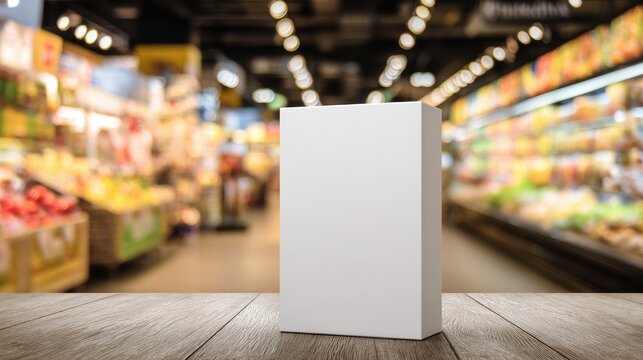 Ultra quality image of white blank cereal box mockup in a grocery aisle, emphasizing real-world context for product branding displays.