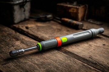 Naklejka premium Adjustable torque wrench resting on a wooden workbench with tools and rustic background