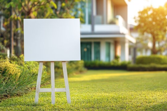 Ultra quality image of white blank sign on the lawn in front of a house for real estate sales or a growth concept with copy space. Mockup template for design, text presentation.