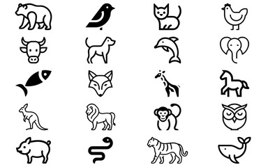 Animal icons vector set. Cat, dog, bird, fish, horse, elephant, butterfly, lion, and wildlife symbols collection pack