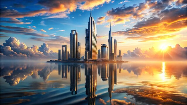 Modern cityscape with skyscrapers and reflections on the water during a vibrant sunset