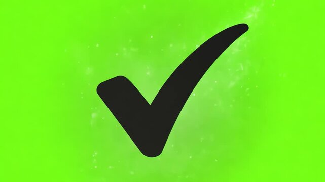 Black check mark appearing on green screen with smooth white particles