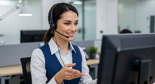 Woman in call center wearing headset and helping customer at office