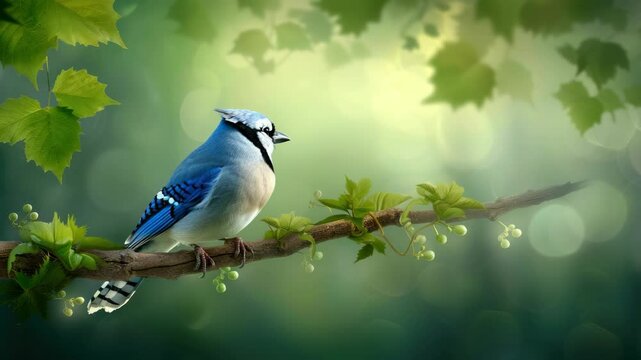 A beautiful blue jay is perched on a branch filled with leaves, enjoying the serene atmosphere of a tranquil natural setting