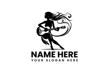Fototapeta premium Artistic silhouette logo of graceful guitarist with flowing hair playing acoustic instrument 
