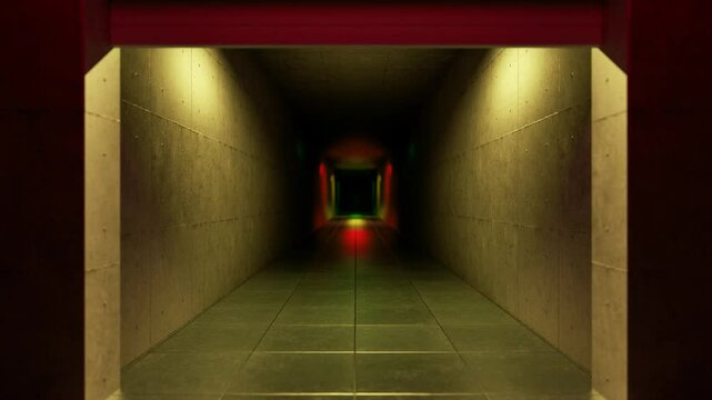 Metallic red garage door gradually opening, revealing enigmatic dark corridor bathed in eerie green illumination, featuring glistening wet floor surface hinting at mysterious underground passage