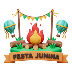 Fogueira Festa Junina Cenário com Balões e Bandeirolas Renderizado em 3D
