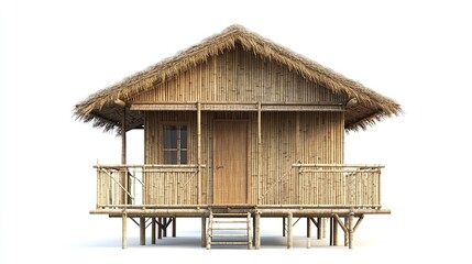 A small, elevated bamboo hut with a thatched roof, single door, small window, and a surrounding bamboo railing on a raised platform, isolated on a white background