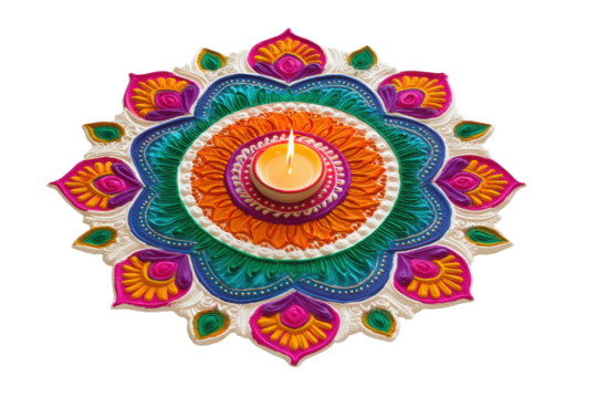 Colorful diwali rangoli with candle in center for festive celebration, cut out