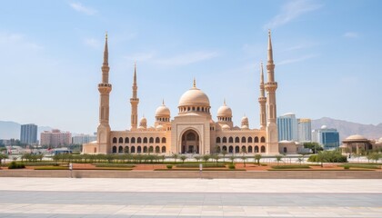 Naklejka premium Sharjah's striking Al Noor Mosque featuring intricate architecture and minarets