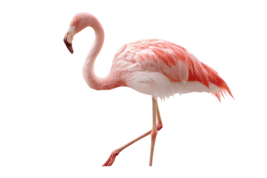 Graceful pink flamingo standing elegantly on one leg against white background, cut out