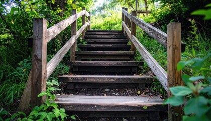 Wood stairs climb up a forest path, green foliage blurring in background