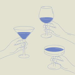 Minimalist illustration of hands holding glasses with drinks. Line art style with blue accents. Perfect for menus, parties, bar themes, and celebrations.