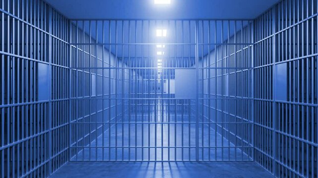 Blue toned jail cell bars create a feeling of confinement and isolation, representing the loss of freedom and the consequences of criminal actions