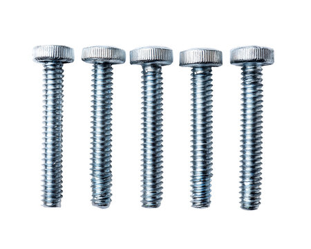 Close up of five metal screws hardware fasteners objects