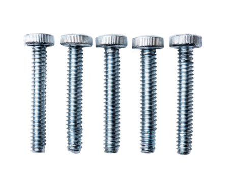 Close up of five metal screws hardware fasteners objects