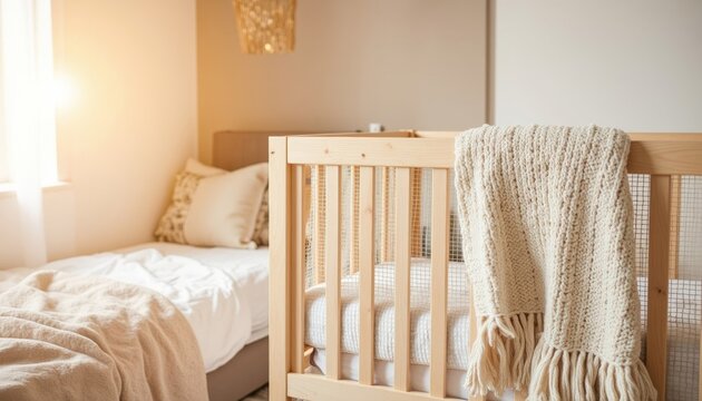 Cozy co-sleeper crib next to bed in softly lit bedroom
