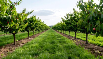Fototapeta premium Wide view of an agricultural field with cherry trees growing in rows, illuminated by soft, natural light