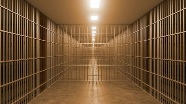 Dimly illuminated concrete corridor inside correctional facility. Revealing long perspective through opening metal gates with warm. Diffused lighting casting subtle shadows along empty hallway walls