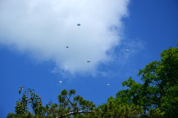 parashutists in the sky with whitr clouds
