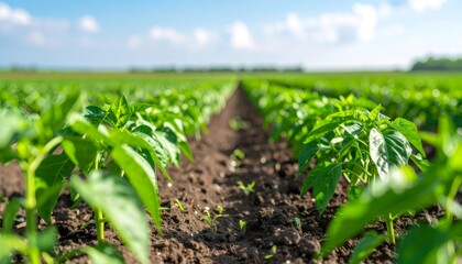 Naklejka premium Green pepper seedlings spreading across fertile farmland, bathed in gentle sunlight