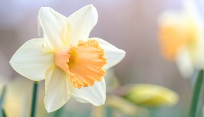 Naklejka premium Close-up of a daffodil with pale petals & orange trumpet, soft blurred background, spring