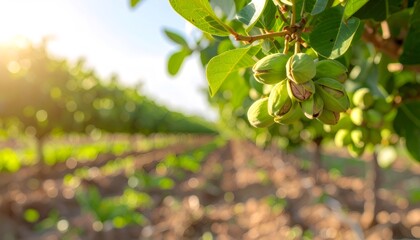 Unripe pistachios clustering on tree branch, verdant orchard rows extending softly into background with muted daylight