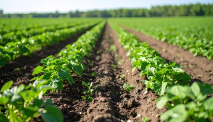 Obraz premium Lush potato plants thrive in fertile soil, promising a bountiful harvest under natural sunlight