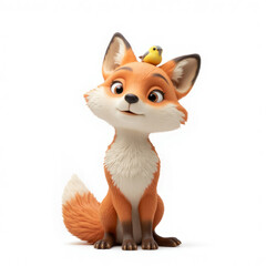 Obraz premium A cartoon fox with orange fur and a white belly, sitting with a yellow bird perched on its head, in a white background
