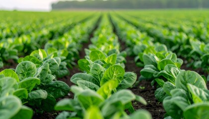 Wide rows of vibrant green spinach plants thrive in fertile soil, illuminated by soft, natural light