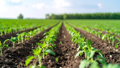 Obraz premium Agricultural landscape featuring neat tomato seedling rows thriving in rich soil, bathed in gentle, diffused sunlight