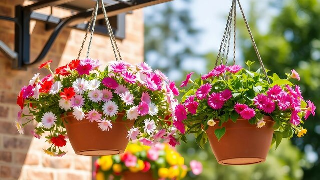 H&auml;ngende Blumenampeln mit bunten Bl&uuml;ten auf sonniger Terrasse &ndash; sommerlich und lebendig.