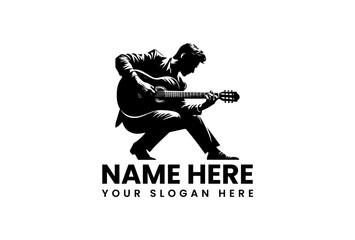 Dynamic silhouette vector logo of focused male musician playing detailed acoustic guitar performance  
