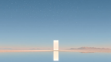 a surreal minimalist landscape with a single vertical beam of light hovering