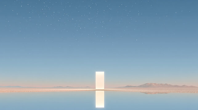 a surreal minimalist landscape with a single vertical beam of light hovering