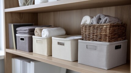 Home storage boxes placed on shelf in modern interior style. AI generated.